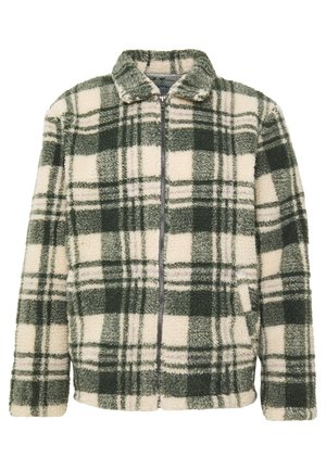 Grün-creme kariertes Fleece-Jacke mit durchgehendem Frontreißverschluss, langen Ärmeln, Kragen und Seitentaschen.