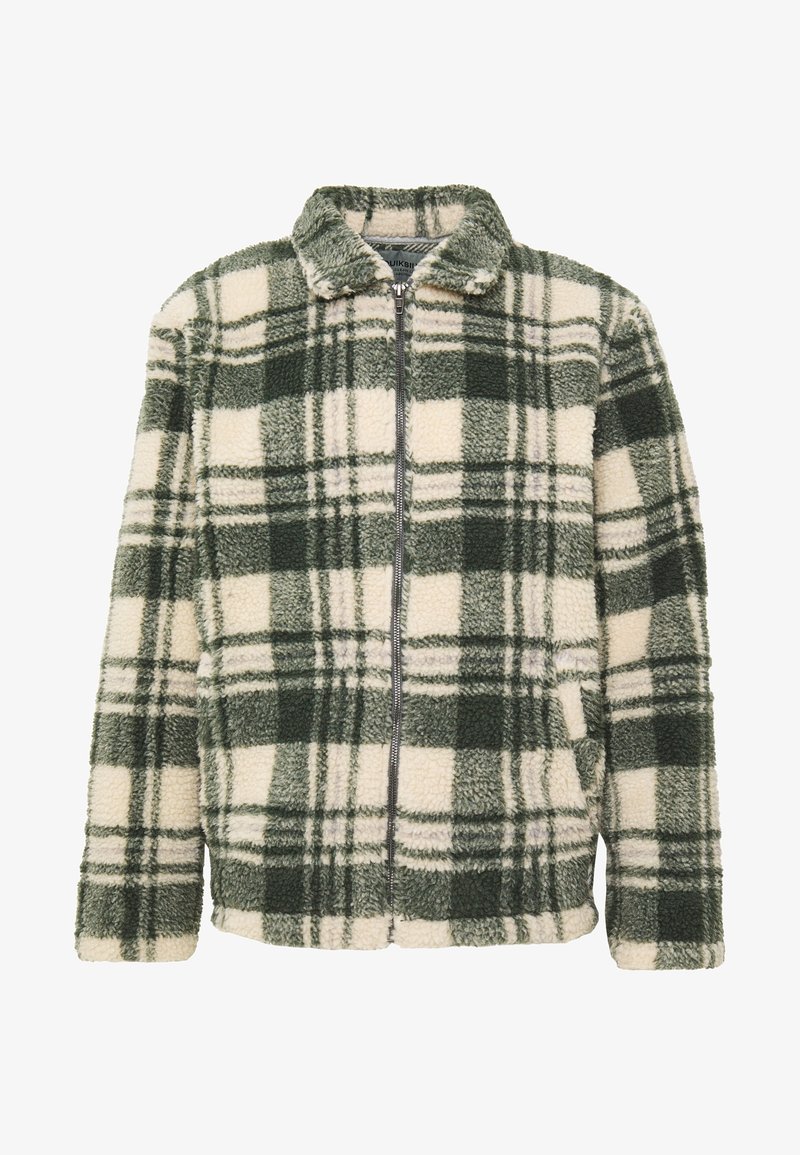 Veste polaire à carreaux verts et crème avec fermeture éclair complète à l’avant, manches longues, col et poches latérales.