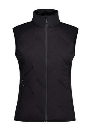 Chaleco negro acolchado sin mangas con cuello alto y cierre frontal, con bolsillos laterales con cremallera y patrones de costuras diagonales.