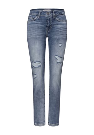 Blauwe skinny jeans met vervaagde details en versleten plekken op de dijen en knieën, voorzien van een knoop- en ritssluiting.