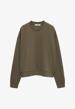 Olivgrüner, kurzer Sweatshirt aus weichem Stoff, mit Rundhalsausschnitt, überschnittenen Schultern und Rippbündchen sowie Saum.