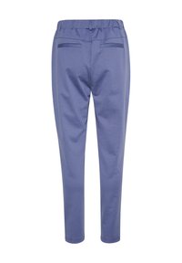 Blauwe, rekbare joggingsbroek met een geplooide taille, twee achterzakken en taps toelopende benen. Glad textuur en casual ontwerp.