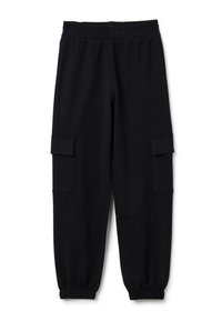 Zwarte sweatpants van zachte stof, met een elastische tailleband, twee zijcargo pockets en geplooide boorden bij de enkels.