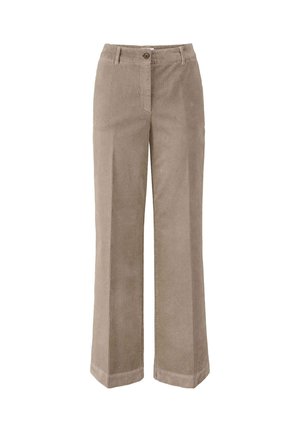 Pantaloni in corduroy beige con design a gamba dritta, chiusura a bottone e una sottile texture a righe verticali. Vita su misura con passanti per cintura.