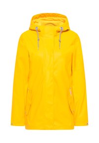 Giacca da pioggia gialla con cappuccio, realizzata in materiale impermeabile, dotata di tasche laterali, cordino e superficie liscia e lucida.