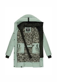 Mint green padded coat with a black inner lining. Features floral-patterned fabric, two front pockets, and a logo print on pockets.