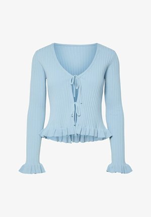 Lichtblauwe, geribbelde gebreide cardigan met lange mouwen, gerimpelde manchetten en zoom, en twee striksluitingen aan de voorkant.
