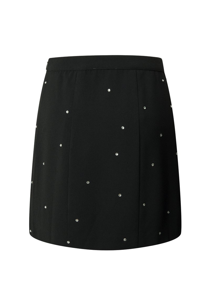 Jupe noire en tissu doux, dotée d'une taille cintrée et d'accents de strass dispersés sur toute sa surface.