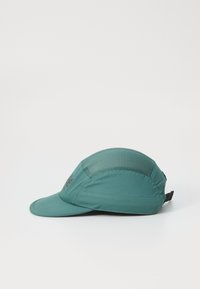Teal cap with a curved visor and mesh panels for breathability. Features a logo on the side and an adjustable strap at the back.