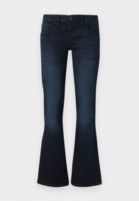 Tumši zili sieviešu bootcut džinsi ar priekšējo pogu, piecu kabatu dizainu un vieglu izbalēšanu uz gurniem un ceļgaliem uz vienkārša fona.