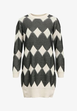 Robe pull en tricot avec un motif géométrique noir et ivoire, manches longues, col et ourlet côtelés. Texture douce.