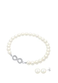 Weißes Perlenarmband mit einem silbernen Unendlichkeitssymbol-Verschluss, das mit klaren Steinen besetzt ist. Enthält passende Ohrstecker aus weißen Perlen.
