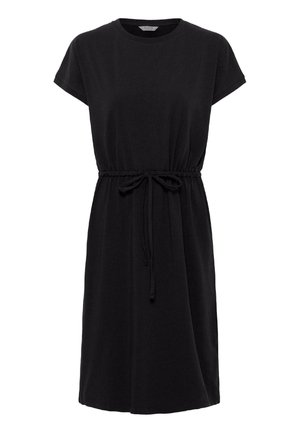 Sort kortærmet kjole med rund halsudskæring, snørelukning i taljen og en afslappet pasform. Fremstillet af blødt, struktureret stof.