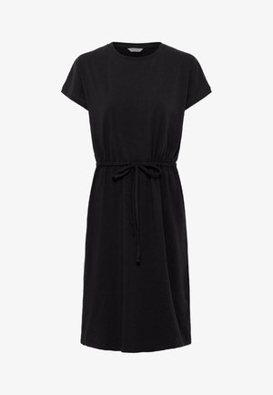 Sort kortærmet kjole med rund halsudskæring, snørelukning i taljen og en afslappet pasform. Fremstillet af blødt, struktureret stof.