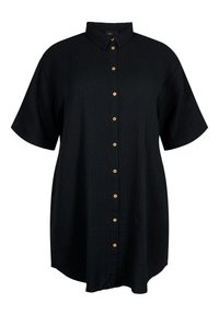 Chemise noire à boutons, à manches courtes, en tissu texturé, avec des boutons en bois et un col classique. Coupe lisse et décontractée.
