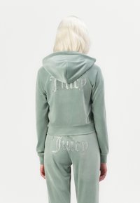 Velvet trainingspak in zachtgroen, met een cropped hoodie en joggingbroek. 'Juicy' is versierd met rhinestones op beide stukken.
