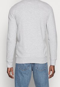 Sudadera gris de manga larga, con cuello redondo, puños y bajo acanalados, combinada con vaqueros de mezclilla de color azul claro, mostrando una vista trasera sencilla.