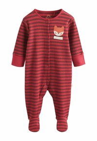 Röd och mörkgrå randig babybody med långa ärmar, fotar täckta, med en broderad rävdesign på bröstet och tryckknappar.