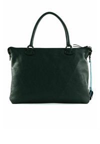 Sac à main en cuir vert foncé avec une finition texturée, deux poignées supérieures et une fermeture éclair. Présente des accents décoratifs et une étiquette latérale.