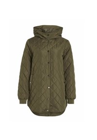 Quiltad, huva-jacka i olivgrön. Har tryckknappsstängning, ribbade ärmslut och en böjd nederkant för extra täckning. Slät textur.