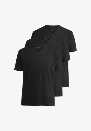 Drei schwarze V-Ausschnitt-T-Shirts aus Baumwolle, mit kurzen Ärmeln und einem schlichten Design ohne Muster oder Logos. Größe M.