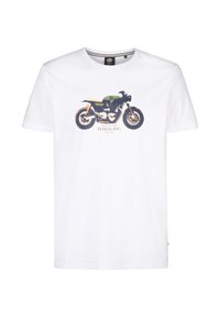 Camiseta de algodón blanca con un estampado gráfico de una motocicleta en verde, amarillo y negro. Cuello redondo clásico y mangas cortas.