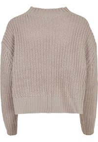 Pull en tricot beige clair avec une coupe ample, col et poignets côtelés. Présente un motif en relief et une longueur raccourcie à l'arrière.