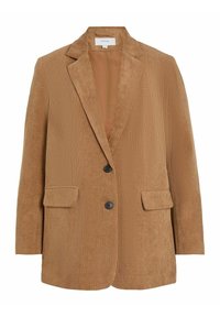 Hnědý kordový blazer s klopou, dvěma předními kapsami a dvěma černými knoflíky. Vertikální pruhy pokrývají texturovanou tkaninu.