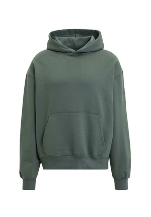 Groene hoodie met een voorzak, lange mouwen, ribgebreide manchetten en een zachte, gladde textuur. Minimalistisch ontwerp zonder zichtbare merknaam.
