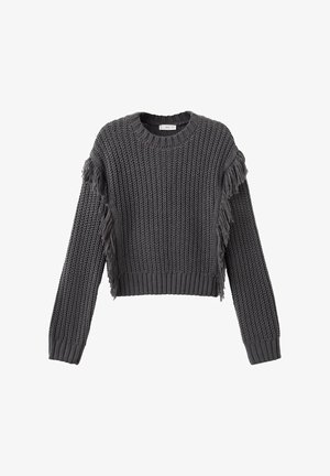 Dunkelgrauer, gestrickter Langarmpullover mit gerippten Bündchen und Fransen, die vertikal entlang der Ärmel und Seiten verlaufen.