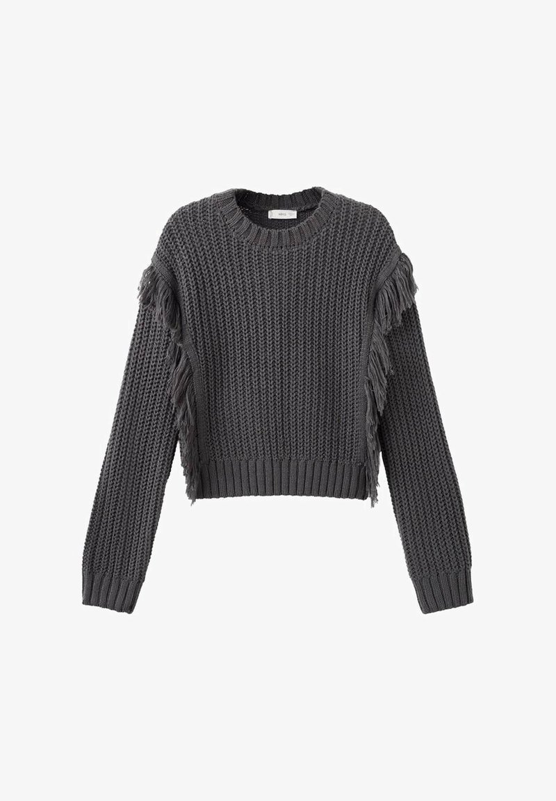 Temno siva pletena dolga majica s dolgimi rokavi z rebrastimi manšetami in frljimi, ki tečejo navpično vzdolž rokavov in strani.