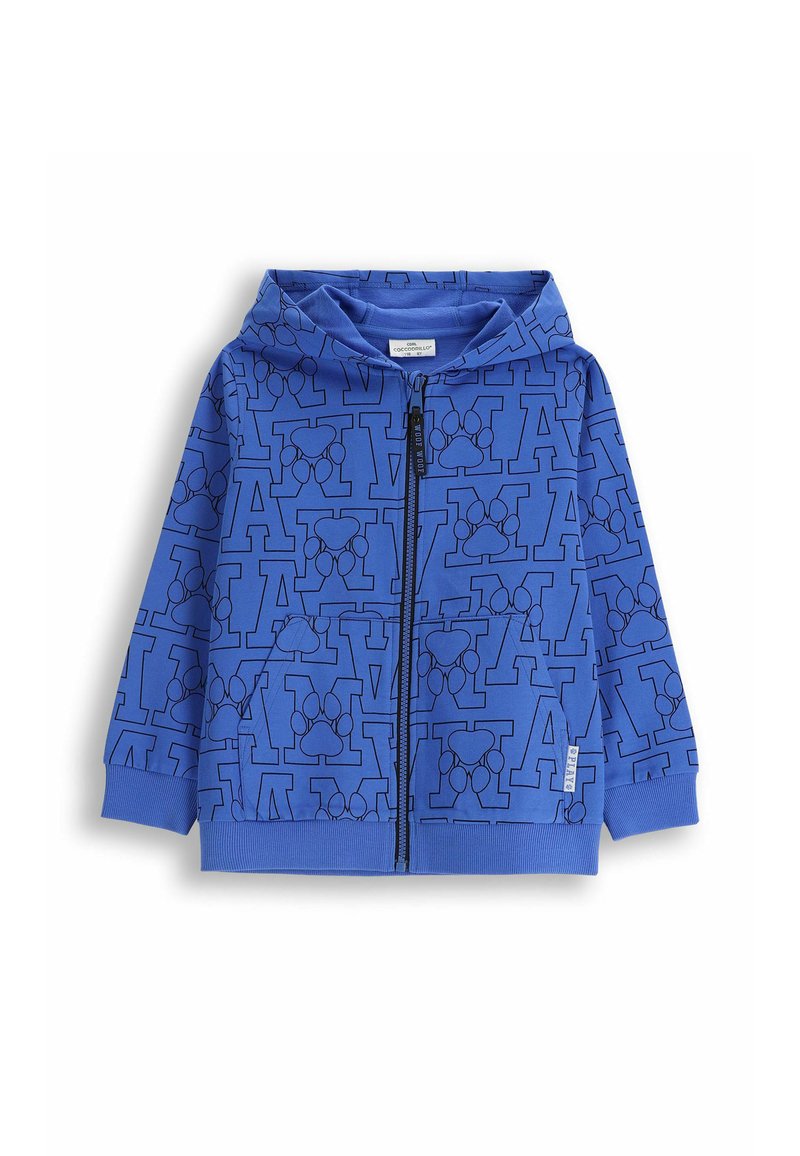 Niebieska rozpinana bluza z kapturem z całkowitym wzorem dużych liter i odcisków łap, wykonana z miękkiego materiału, z kieszenią kangurką i kapturem.