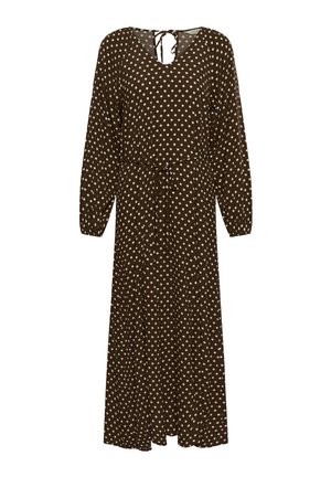 Rochie midi maro cu mâneci lungi, cu buline albe, cordon în talie și decolteu tip cheiță cu închidere cu panglică la spate.