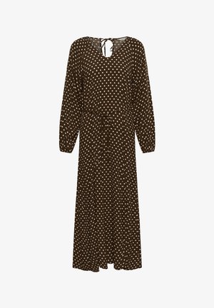 Brun midi-kjole med lange ærmer og hvide polkaprikker, bindebånd i taljen og nøglehuludskæring med lukning på ryggen.