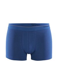 Pánské boxerky ve tmavě modré barvě, vyrobené z měkké látky. Mají přiléhavý střih, elastický pas s logem a žádné viditelné vzory.