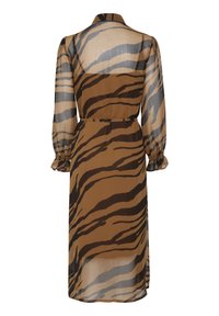 Robe midi à manches longues à rayures zébrées marron et noires avec tissu transparent, poignets boutonnés et taille ceinturée, vue de dos.