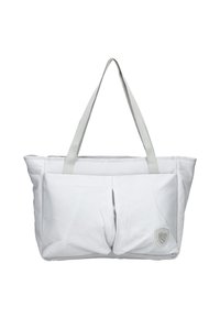 Bílá textilní taška přes rameno s dvěma předními kapsami, šedými uchy a texturovanou nášivkou s logem. Měkký, strukturovaný design, ideální pro každodenní použití.
