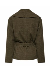 Veste longue à manches longues en tartan marron avec un large col et une ceinture assortie nouée à la taille, vue de dos.