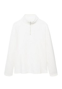 Top bianco a maniche lunghe con collo alto, dotato di una chiusura con cerniera corta. Tessuto morbido e vestibilità comoda, ideale per sovrapposizioni.