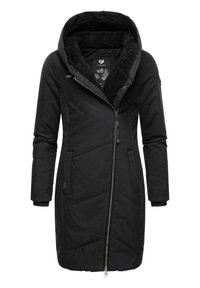 Manteau matelassé noir avec capuche, fermeture éclair et deux poches latérales. La doublure intérieure est douce au toucher et comporte des accents à motif floral.