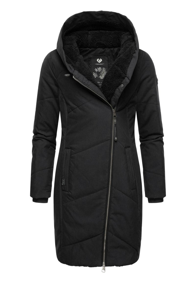 Manteau matelassé noir avec capuche, fermeture éclair et deux poches latérales. La doublure intérieure est douce au toucher et comporte des accents à motif floral.