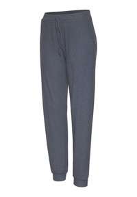 Gray athletic sweatpants made from soft fabric, featuring a drawstring waistband, side pockets, and elastic cuffs at the ankles.