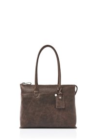 Braune Leder-Handtasche mit zwei Griffen, einem Reißverschluss, rechteckiger Form und einem kleinen Anhänger. Sichtbares strukturiertes Oberflächenmuster.