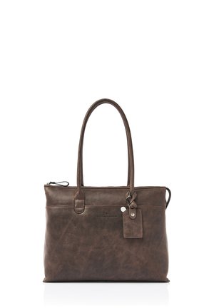 Braune Leder-Handtasche mit zwei Griffen, einem Reißverschluss, rechteckiger Form und einem kleinen Anhänger. Sichtbares strukturiertes Oberflächenmuster.