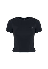 Black short-sleeve t-shirt with a round neckline, featuring a fitted design and subtle contrast stitching. Brand logo at the chest.