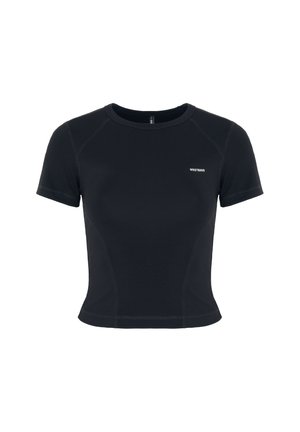 Zwarte T-shirt met korte mouwen en een ronde halslijn, met een getailleerd ontwerp en subtiele contrasterende stiksels. Merkl logo op de borst.
