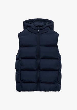 Navyblaue Steppweste mit Kapuze, ausgestattet mit einem frontalen Reißverschluss, horizontal gestepptem Futter und einer glatten Textur. Keine sichtbaren Taschen.