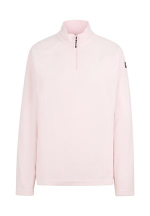 Hellrosa Fleece-Pullover mit hohem Kragen, halbzipper und langen Ärmeln. Glatte Textur mit dezenten Nähten.
