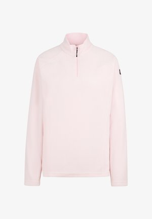 Hellrosa Fleece-Pullover mit hohem Kragen, halbzipper und langen Ärmeln. Glatte Textur mit dezenten Nähten.