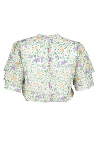 Blusa floreale con maniche corte arricciate, presenta uno sfondo verde chiaro con fiori viola, arancioni e rosa, chiusura con bottoni sul retro.